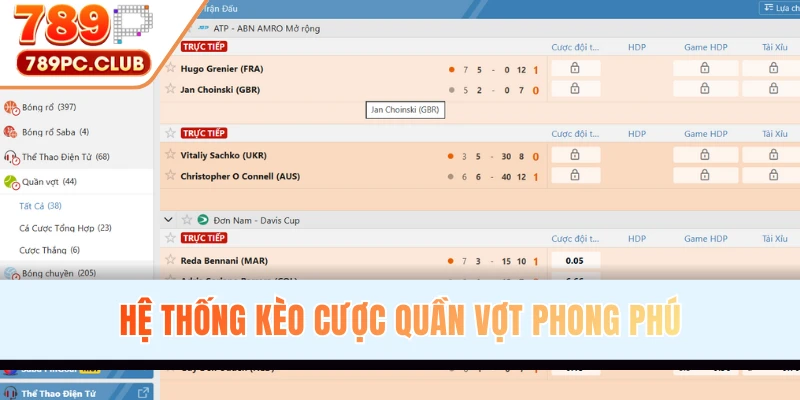 Hệ thống kèo cược quần vợt cực phong phú